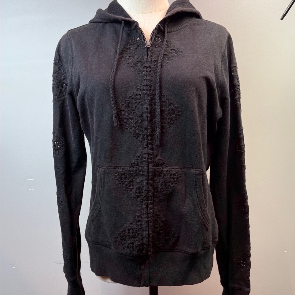 Vintage Lucky Brand Crochet Lace Zip‑Up Hoodie | Y2K Boho Cotton Terry - Medium